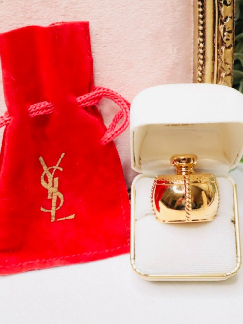 Vintage Signed YSL Perfume Bottle Brooch Pin Gold Tone w Original Pouch
